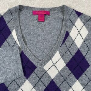 Cashmere Cashe Argyle Sweater Womens L Gray Purple Pullover 100% Cashmere Vneck